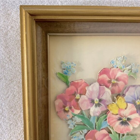 Vintage 1983 Handmade Paper Tole Art Bouquet Of Pansies - Picture 10 of 13